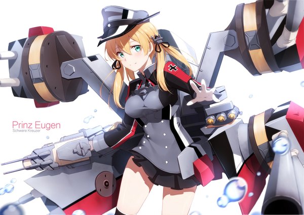 Anime picture 1920x1357 with kantai collection prinz eugen (kantai collection) ello-chan single long hair looking at viewer highres blue eyes blonde hair white background twintails girl skirt weapon miniskirt gun bubble (bubbles) peaked cap