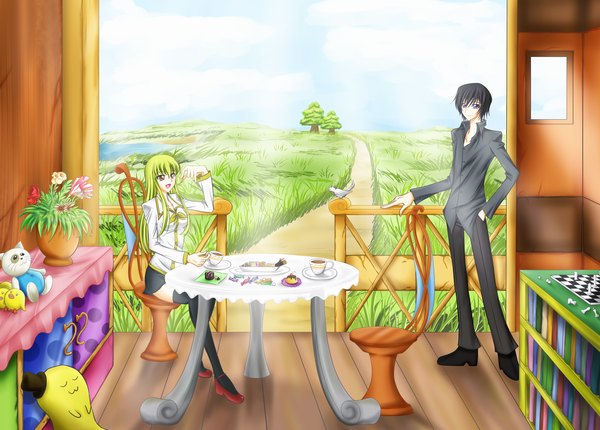 Anime picture 1293x927 with code geass sunrise (studio) c.c. lelouch lamperouge ccllsaikou long hair fringe short hair black hair purple eyes yellow eyes green hair hand in pocket girl thighhighs boy black thighhighs plant (plants) food sweets