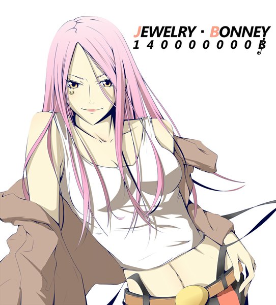 Anime picture 904x1000 with one piece toei animation jewelry bonnie sungi single long hair tall image looking at viewer simple background smile white background yellow eyes pink hair bare belly hand on hip character names piercing girl navel belt