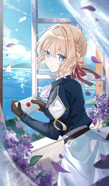 Anime picture 1177x1999 with violet evergarden kyoto animation violet evergarden (character) iren lovel single tall image looking at viewer fringe short hair blue eyes blonde hair hair between eyes standing holding sky cloud (clouds) indoors braid (braids) long sleeves wind