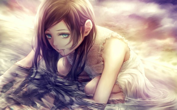 Anime picture 1000x621 with original nuwanko single long hair brown hair wide image holding looking away aqua eyes lips sleeveless partially submerged mouth hold reflection expressionless girl dress water white dress