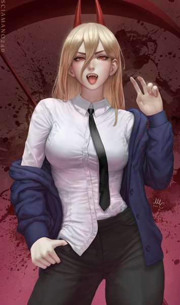 Anime picture 1774x3000 with chainsaw man mappa power (chainsaw man) sciamano240 single long hair tall image looking at viewer blush fringe highres breasts open mouth blonde hair hair between eyes red eyes large breasts standing signed long sleeves