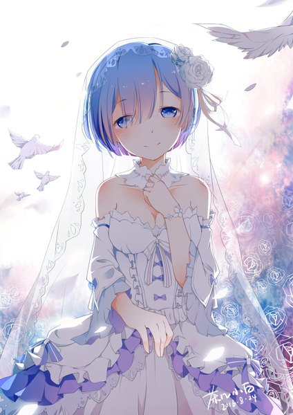 Anime picture 2480x3507 with re:zero kara hajimeru isekai seikatsu white fox rem (re:zero) chaji xiao bai single tall image looking at viewer blush highres short hair blue eyes smile bare shoulders blue hair alternate costume dated girl dress detached sleeves animal