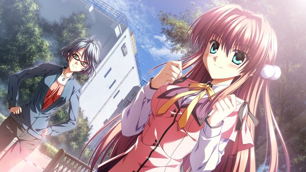 Anime picture 1280x720 with supipara narumi sakura nanao naru long hair blush short hair blue eyes brown hair wide image multiple girls green eyes game cg grey hair girl uniform 2 girls school uniform glasses