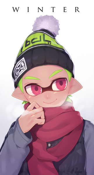 Anime picture 496x920 with splatoon nintendo inkling etsuo single tall image short hair simple background smile white background looking away pink eyes green hair pointy ears winter eyebrows exhalation boy scarf mask