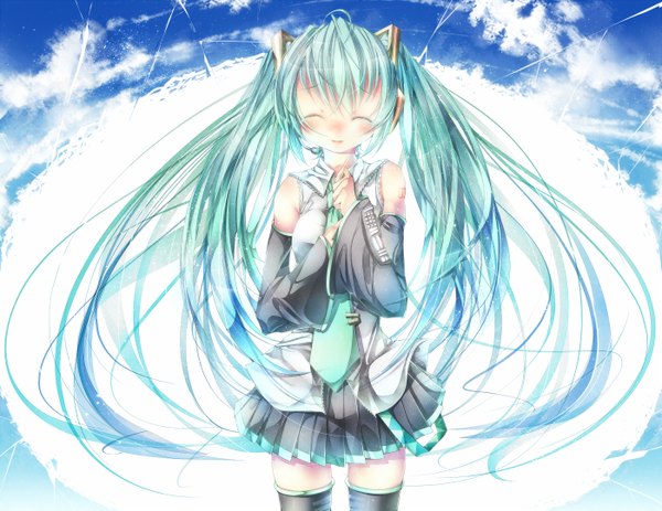 Anime picture 1400x1082 with vocaloid hatsune miku sugiyuu single long hair twintails cloud (clouds) ahoge eyes closed aqua hair girl skirt detached sleeves miniskirt necktie