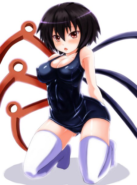Anime picture 743x1000 with touhou houjuu nue ebi 193 single tall image fringe short hair breasts light erotic black hair simple background large breasts white background brown eyes kneeling girl thighhighs swimsuit white thighhighs wings