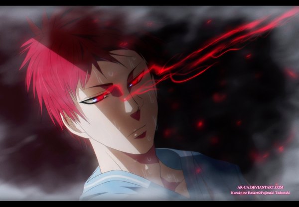 Anime picture 1380x960 with kuroko no basket production i.g akashi seijuurou ar-ua single short hair red eyes red hair sweat coloring glowing close-up glowing eye (eyes) boy uniform gym uniform basketball uniform