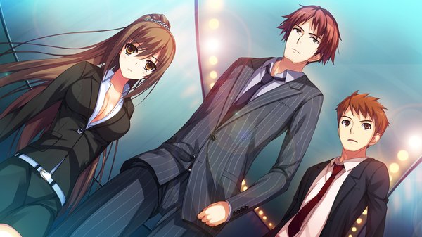 Anime picture 2560x1440 with reminiscence re tomose shunsaku long hair looking at viewer highres short hair brown hair wide image brown eyes game cg girl boy necktie