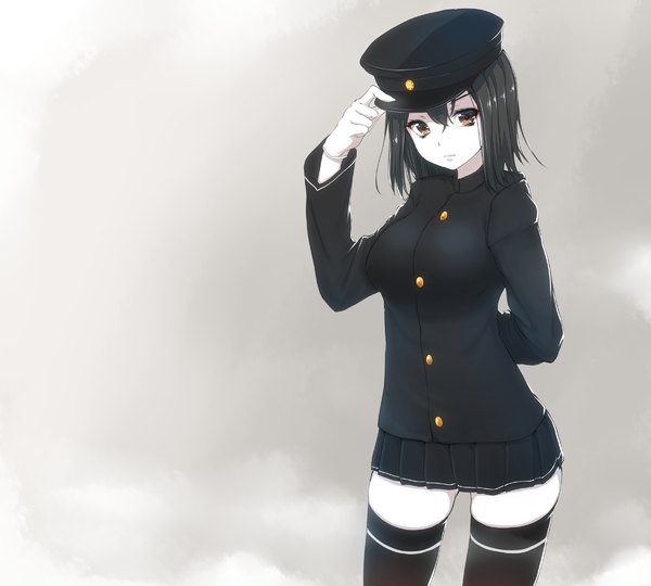 Anime picture 1200x1080 with kantai collection akitsumaru dock landing ship kiyomin single looking at viewer fringe short hair black hair simple background brown eyes pale skin girl thighhighs skirt gloves black thighhighs miniskirt white gloves flat cap clothes