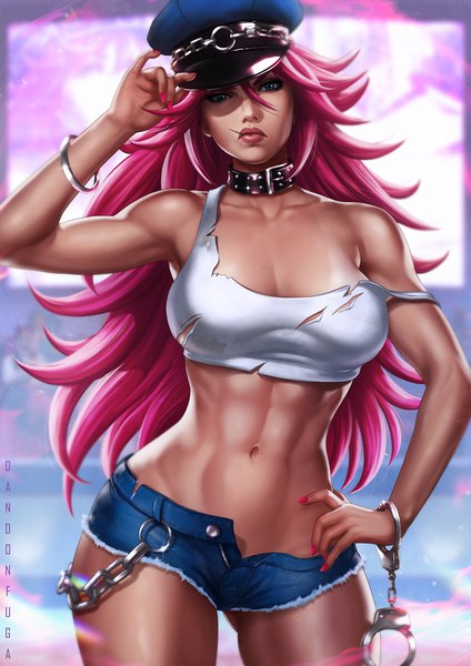 Anime-Bild 764x1080 mit final fight poison (final fight) dandon fuga single long hair tall image breasts blue eyes light erotic large breasts standing pink hair nail polish lips realistic no bra bare belly midriff lipstick torn clothes