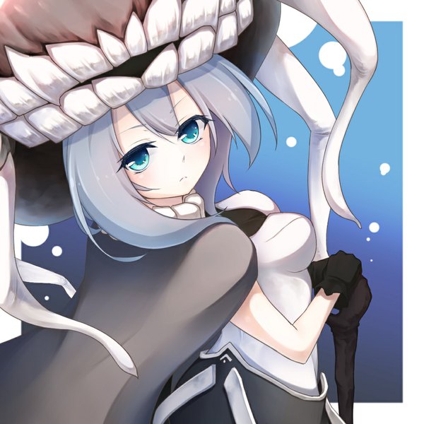 Anime picture 1000x1000 with kantai collection wo-class aircraft carrier seark long hair blush blue eyes grey hair shinkaisei-kan girl gloves bodysuit monster