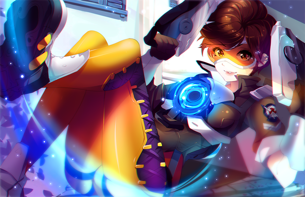 Anime picture 1500x970 with overwatch blizzard entertainment tracer (overwatch) squchan single looking at viewer short hair brown hair brown eyes bent knee (knees) lipstick glowing reclining pink lipstick girl gloves weapon boots gun bodysuit