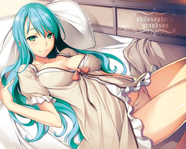 Anime picture 2560x2046 with kenja no mago sicily von claude kikuchi seiji single long hair looking at viewer blush fringe highres breasts light erotic smile hair between eyes cleavage aqua eyes aqua hair copyright name reclining girl underwear