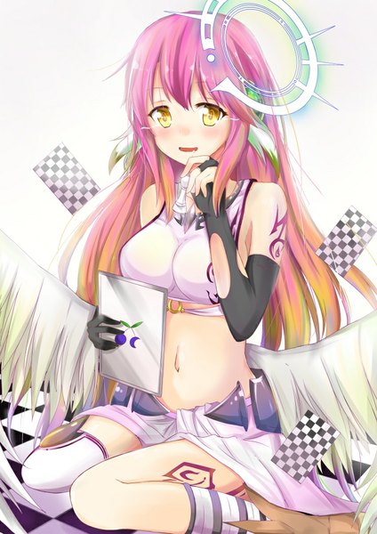 Anime picture 744x1052 with no game no life madhouse apple inc. jibril (no game no life) konka single long hair tall image looking at viewer blush fringe breasts open mouth white background sitting holding yellow eyes white wings low wings bodypaint
