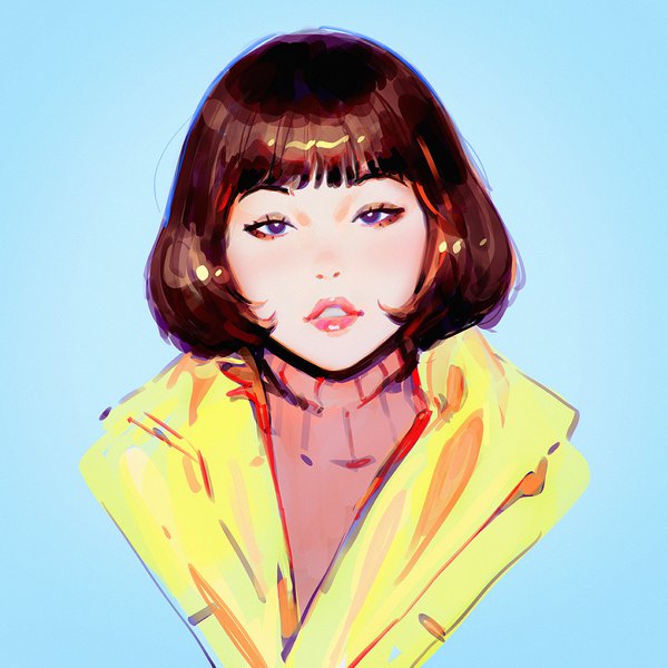 Anime picture 1080x1080 with original ilya kuvshinov single looking at viewer fringe short hair simple background brown hair purple eyes parted lips realistic lipstick portrait blue background pink lipstick girl turtleneck