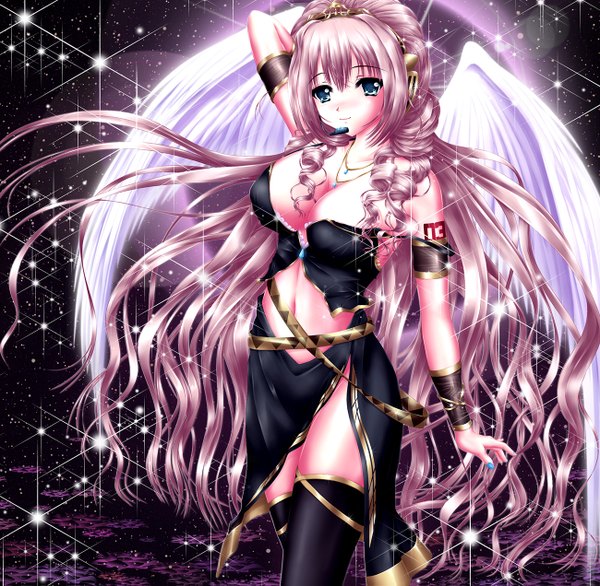 Anime picture 1300x1271 with vocaloid megurine luka nohoho (kakikonchi) single long hair breasts blue eyes light erotic pink hair midriff drill hair girl thighhighs navel black thighhighs wings headphones pendant