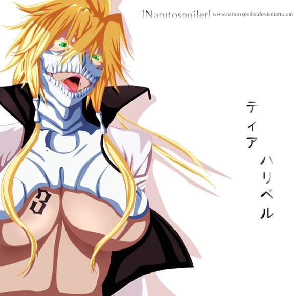 Anime picture 1000x966 with bleach studio pierrot tia harribel i-azu single long hair open mouth light erotic blonde hair white background twintails green eyes inscription tattoo coloring espada girl tongue mask