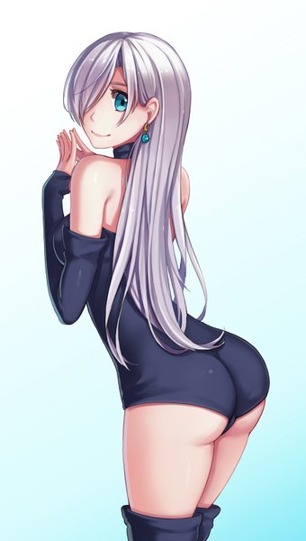 Anime picture 900x1585 with nanatsu no taizai a-1 pictures elizabeth liones nian (zhanian) single long hair tall image looking at viewer fringe blue eyes light erotic smile bare shoulders silver hair ass hair over one eye girl detached sleeves earrings