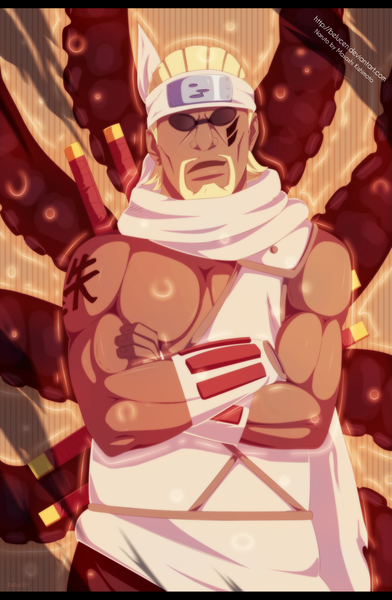 Anime picture 1280x1958 with naruto studio pierrot naruto (series) killer bee belucen single tall image short hair blonde hair smile tattoo coloring magic facial mark crossed arms muscle jinchuriki boy weapon glasses