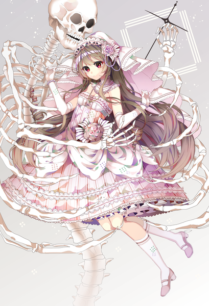 Anime picture 2150x3150 with original sulfur (1453rk) single long hair tall image highres red eyes brown hair frilled dress lolita fashion skeleton girl dress gloves socks elbow gloves shoes frills white gloves detached collar