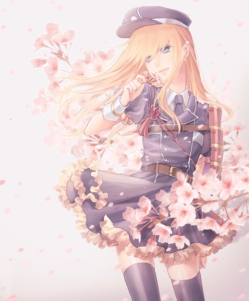 Anime picture 841x1015 with touken ranbu nitroplus midare toushirou shino (syllable) single long hair tall image blue eyes blonde hair standing looking away wind zettai ryouiki cherry blossoms otoko no ko thighhighs dress boy uniform black thighhighs