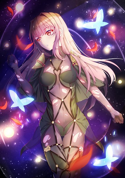 Anime-Bild 2000x2828 mit fate (series) fate/grand order scathach (fate) (all) scathach (fate) papa (wfd) single long hair tall image fringe highres light erotic red eyes purple hair torn clothes girl petals insect butterfly bodysuit