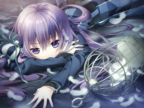 Anime picture 800x600 with original yamiko single long hair fringe hair between eyes purple eyes purple hair lying on stomach covered mouth expressionless girl feather (feathers) cage