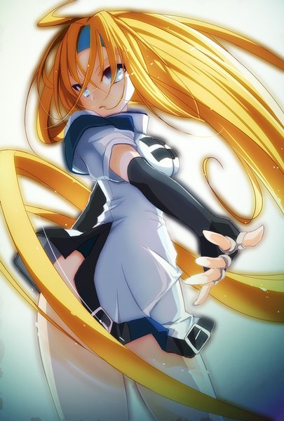 Anime picture 700x1036 with guilty gear millia rage gondolf single tall image blue eyes simple background blonde hair white background looking away very long hair wind girl dress gloves hairband fingerless gloves teardrop