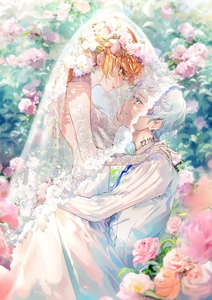 Anime picture 931x1315 with yakusoku no neverland cloverworks emma (yakusoku no neverland) norman (yakusoku no neverland) kinokohime long hair tall image fringe short hair blue eyes smile green eyes payot silver hair outdoors parted lips profile hair flower blurry orange hair