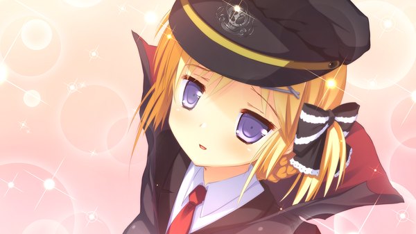 Anime picture 1280x720 with naka no hito nado inai amamoto rui nimura yuuji blush blonde hair wide image purple eyes game cg girl bow hair bow peaked cap