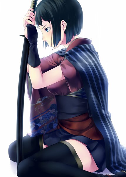 Anime picture 1295x1812 with original dushe single tall image short hair blue eyes black hair looking away traditional clothes japanese clothes girl thighhighs weapon black thighhighs sword katana