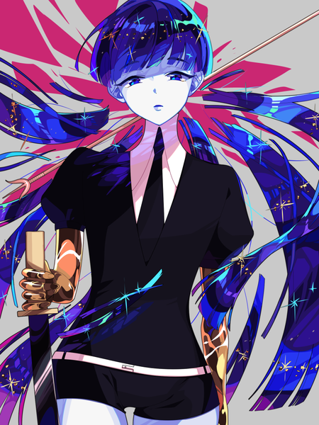 Anime picture 750x1000 with houseki no kuni phosphophyllite phosphophyllite (ll) hanasaki coa single tall image looking at viewer fringe short hair blue eyes blue hair blunt bangs grey background sparkle puffy sleeves androgynous spoilers cutting hair uniform weapon