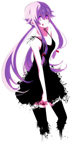 Anime picture 511x1021 with mirai nikki gasai yuno hachimori single long hair tall image looking at viewer fringe standing purple eyes twintails bare shoulders purple hair bent knee (knees) light smile leaning zettai ryouiki transparent background blood on face blood stains