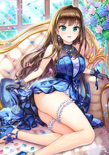 Anime picture 919x1300 with idolmaster idolmaster cinderella girls idolmaster cinderella girls starlight stage shibuya rin hhama single long hair tall image looking at viewer blush fringe breasts open mouth light erotic smile brown hair sitting bare shoulders signed bent knee (knees)