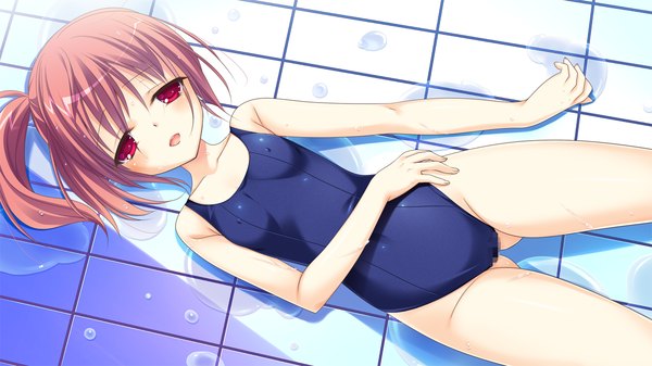 Anime picture 1280x720 with imo-bilizer! majima yui uriri umetori blush light erotic red eyes brown hair wide image game cg ponytail lying side ponytail girl swimsuit