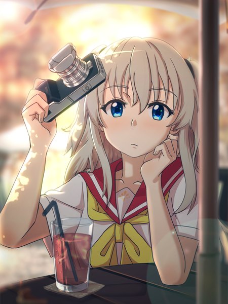 Anime picture 750x1000 with charlotte p.a. works tomori nao casino (casinoep) single long hair tall image blush fringe blue eyes hair between eyes holding looking away silver hair sunlight two side up lens flare hand on face girl uniform