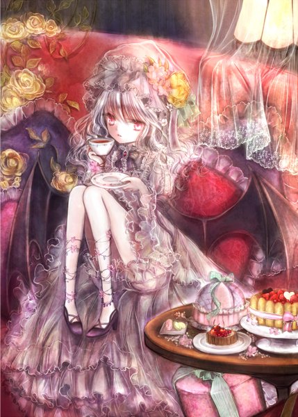 Anime picture 950x1328 with touhou remilia scarlet himemurasaki single long hair tall image red eyes white hair girl dress flower (flowers) petals wings sweets bonnet cup cake teapot