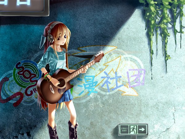 Anime picture 1920x1440 with original tinmo (artist) long hair highres brown hair heterochromia graffiti sos girl boots headphones musical instrument guitar wall