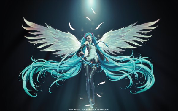 Anime picture 2768x1735 with vocaloid hatsune miku alvin lee single highres open mouth wide image twintails bare shoulders blue hair very long hair nail polish aqua eyes aqua hair sleeveless blue background angel wings angel girl skirt