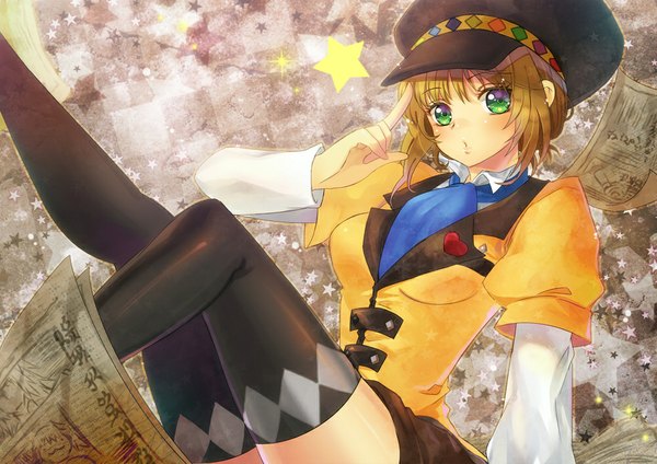 Anime picture 1000x707 with tales of (series) tales of xillia leia roland nadir single short hair brown hair green eyes legs girl thighhighs black thighhighs flat cap