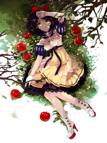 Anime picture 1200x1600 with original platina77 single tall image looking at viewer short hair black hair yellow eyes girl dress gloves bow plant (plants) hair bow tree (trees) shoes fruit apple