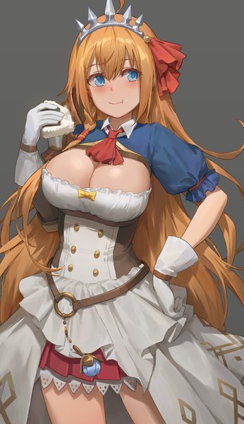 Anime picture 2304x3991 with princess connect! re:dive princess connect! pecorine (princess connect!) free style (yohan1754) single long hair tall image blush fringe highres breasts blue eyes light erotic simple background hair between eyes large breasts standing holding looking away cleavage