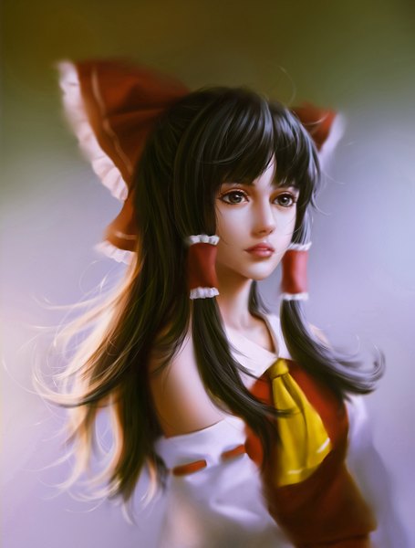 Anime picture 1063x1400 with touhou hakurei reimu bita (vaderc) single long hair tall image looking at viewer black hair brown eyes traditional clothes parted lips japanese clothes lips blurry realistic floating hair miko girl bow hair bow