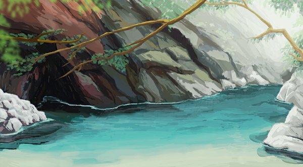 Anime picture 1000x550 with original morigoro wide image no people river rock plant (plants) tree (trees) water branch