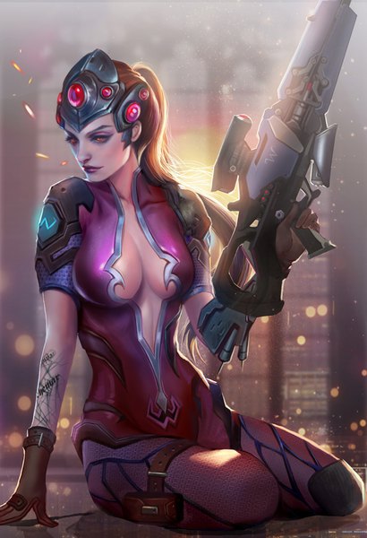 Anime picture 650x950 with overwatch blizzard entertainment widowmaker (overwatch) jiuge single long hair tall image breasts light erotic red eyes brown hair sitting looking away ponytail realistic arm support no bra tattoo lipstick yokozuwari