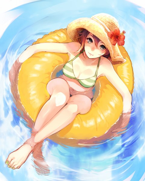 Anime picture 1000x1248 with original settyaro single tall image looking at viewer fringe short hair hair between eyes brown hair bare shoulders brown eyes full body nail polish barefoot from above legs crossed legs afloat toenail polish green nail polish