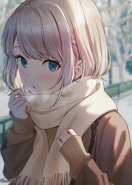 Anime picture 858x1200 with original hyuuga azuri single tall image looking at viewer blush fringe short hair open mouth blue eyes silver hair upper body outdoors long sleeves blurry depth of field sleeves past wrists exhalation girl scarf