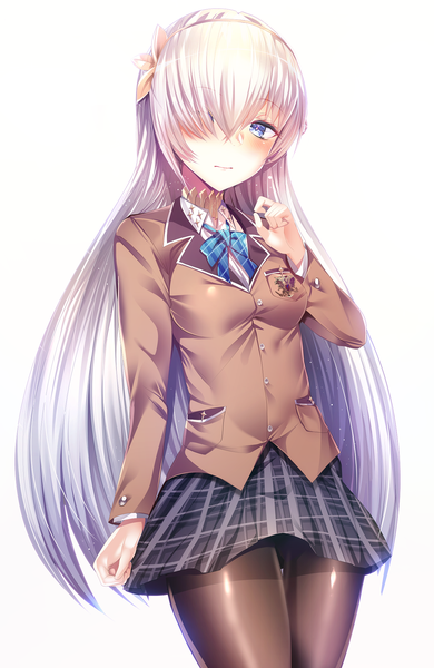 Anime picture 1300x2000 with fate (series) fate/grand order anastasia (fate) silly (marinkomoe) single long hair tall image looking at viewer blush fringe blue eyes simple background standing white background white hair long sleeves hair over one eye plaid skirt girl skirt