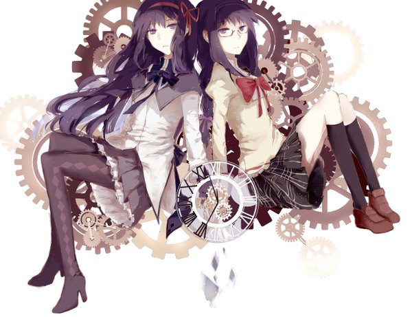 Anime picture 2492x1916 with mahou shoujo madoka magica shaft (studio) akemi homura mchi (artist) long hair looking at viewer fringe highres simple background white background sitting purple eyes purple hair full body bent knee (knees) braid (braids) pleated skirt high heels back to back dual persona